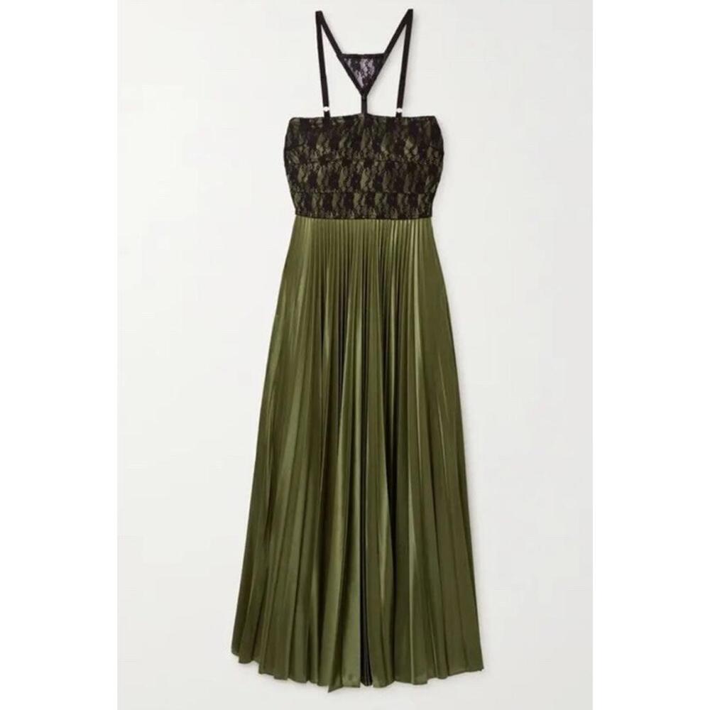 Christopher Kane Satin Maxi Dress Green Pleated green/Black Lace Size US 4 NWT